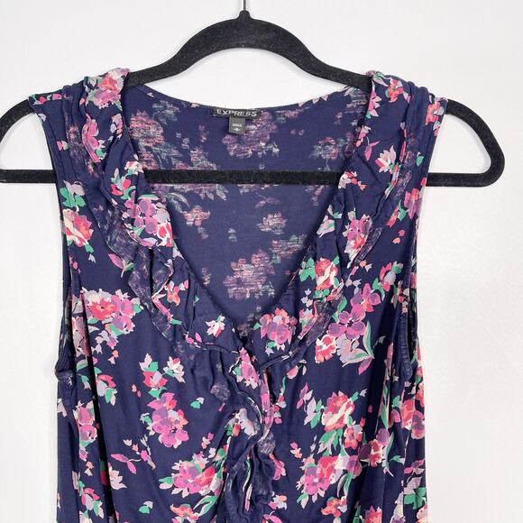 Express Womens Medium Navy Blue Pink Floral Ruffled Front Sleeveless Blouse Top - Picture 3 of 7